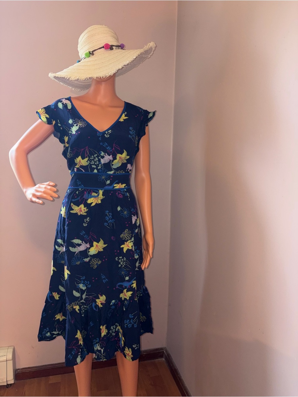 Modcloth Navy Floral V-Neck Midi Dress with Yellow Accents